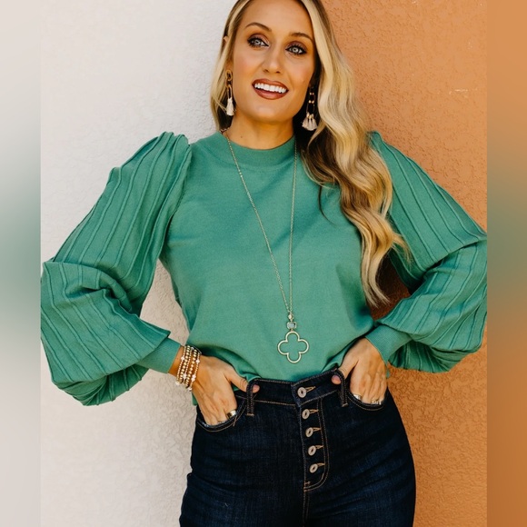 Green classic stripe puff sleeve sweater Anthropologie - Picture 2 of 4